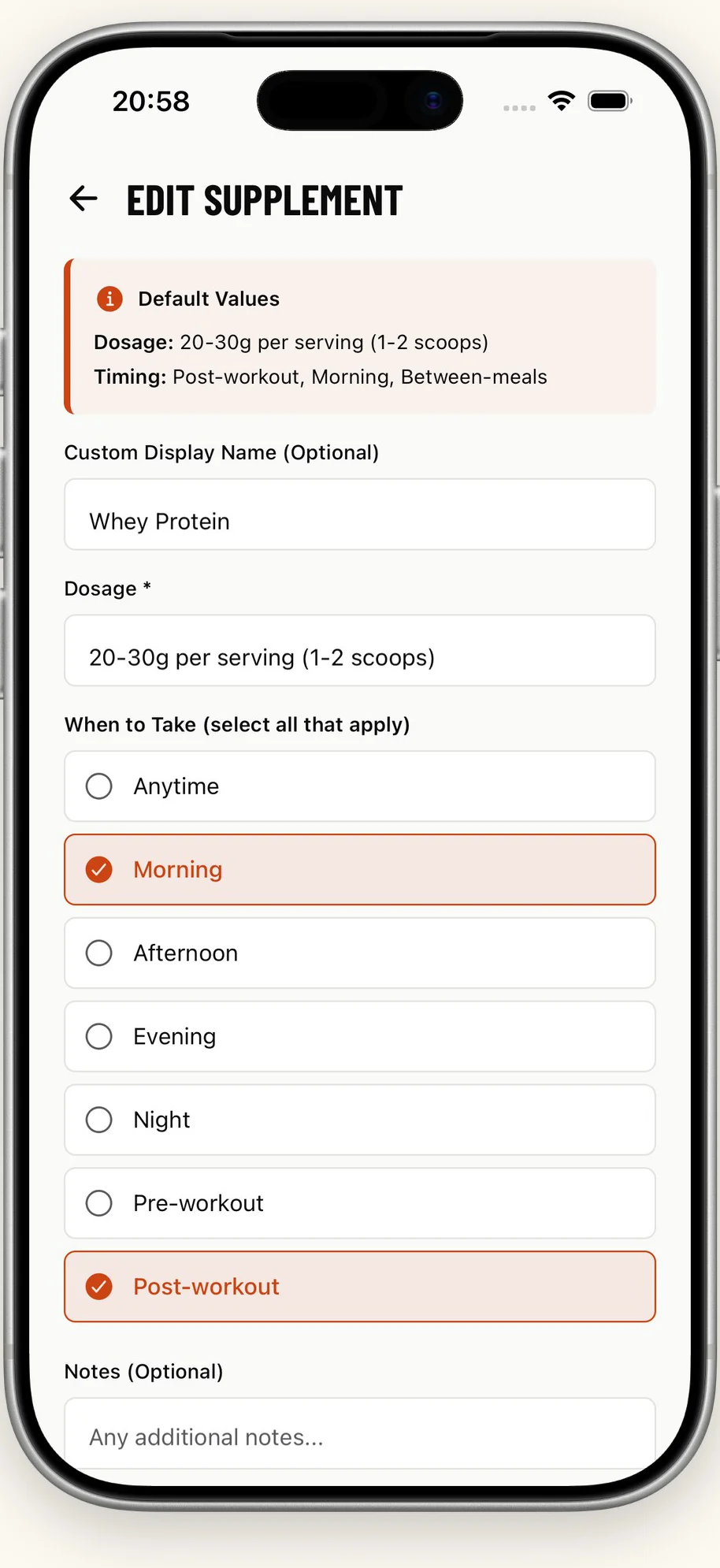 The FuelStack edit screen for whey protein, showing the default dose and the timings you can select.
