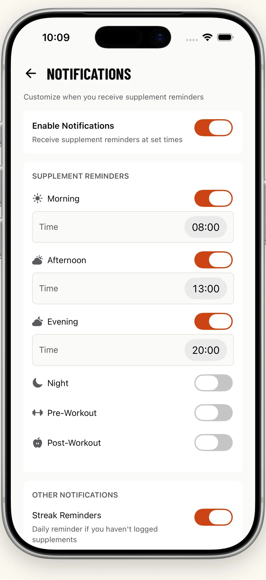 The FuelStack notification settings: a master switch, then Morning, Afternoon, Evening, Night, Pre-Workout and Post-Workout, each with its own time.
