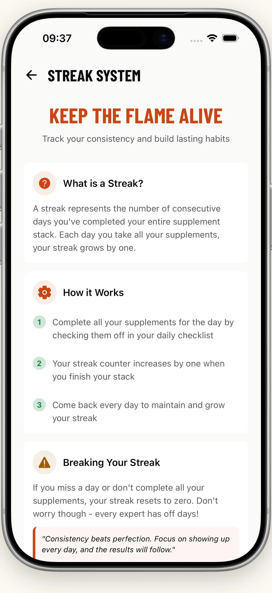 The FuelStack streak screen explaining that a streak counts consecutive days on which the whole stack was completed.