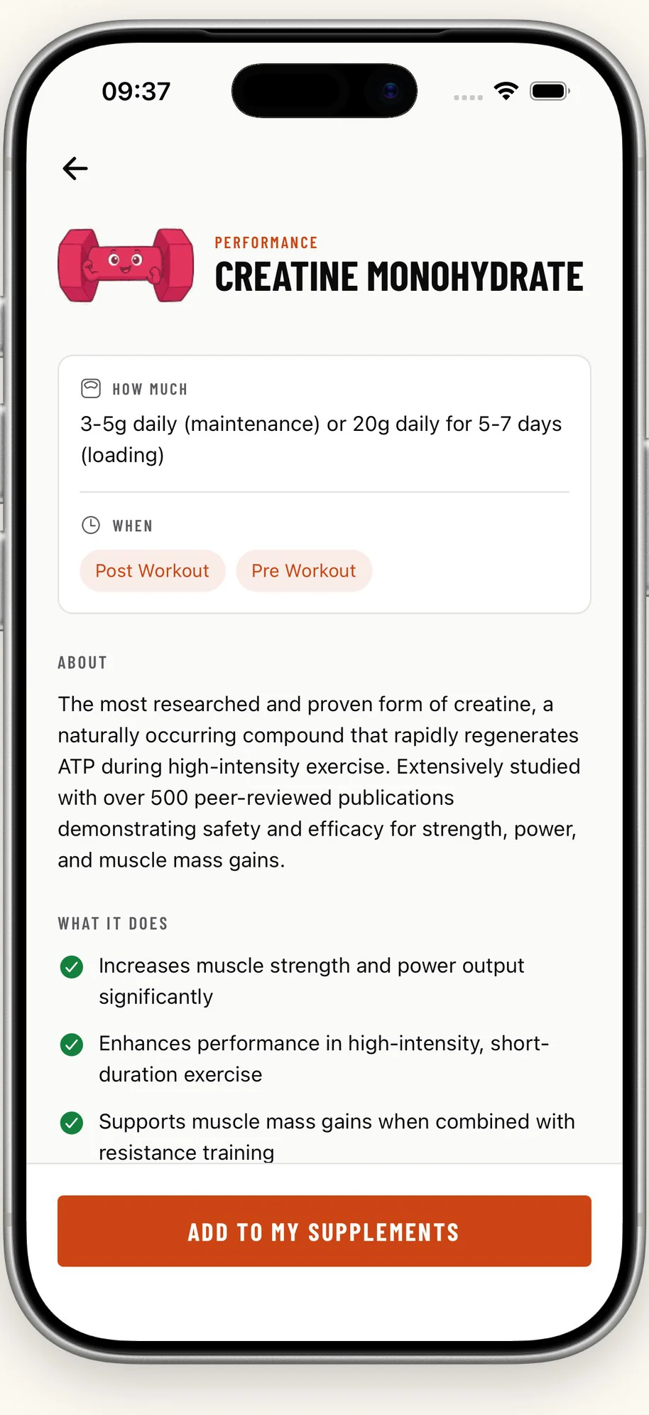 The creatine monohydrate page in FuelStack: how much, when to take it, what it does, and a button to add it to your supplements.