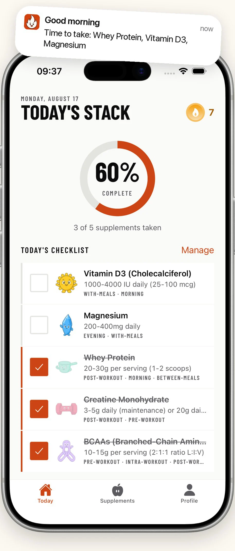 The FuelStack home screen: a morning reminder, a 60 percent completion ring and the day's checklist with three of five supplements ticked off.